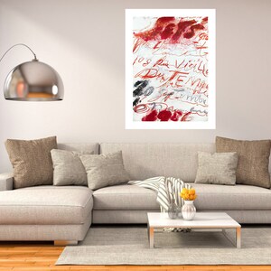 May include: A white canvas with red and black abstract brushstrokes and handwritten text. The text includes the words "les vieux" and "du temps".