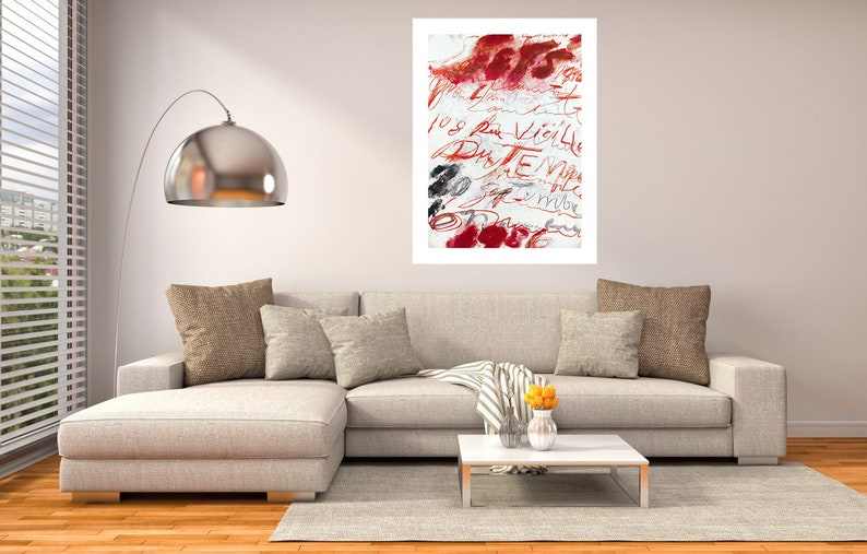 May include: A white canvas with red and black abstract brushstrokes and handwritten text. The text includes the words "les vieux" and "du temps".