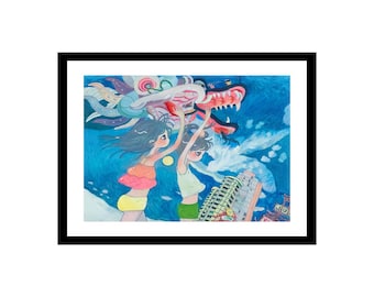 Peut inclure: Une peinture colorée de deux filles tenant la tête d'un grand dragon multicolore. Le dragon est sur un fond de ciel bleu avec des nuages blancs. Les filles portent des vêtements brillants et ont de longs cheveux noirs. Il y a un immeuble de grande hauteur en arrière-plan.