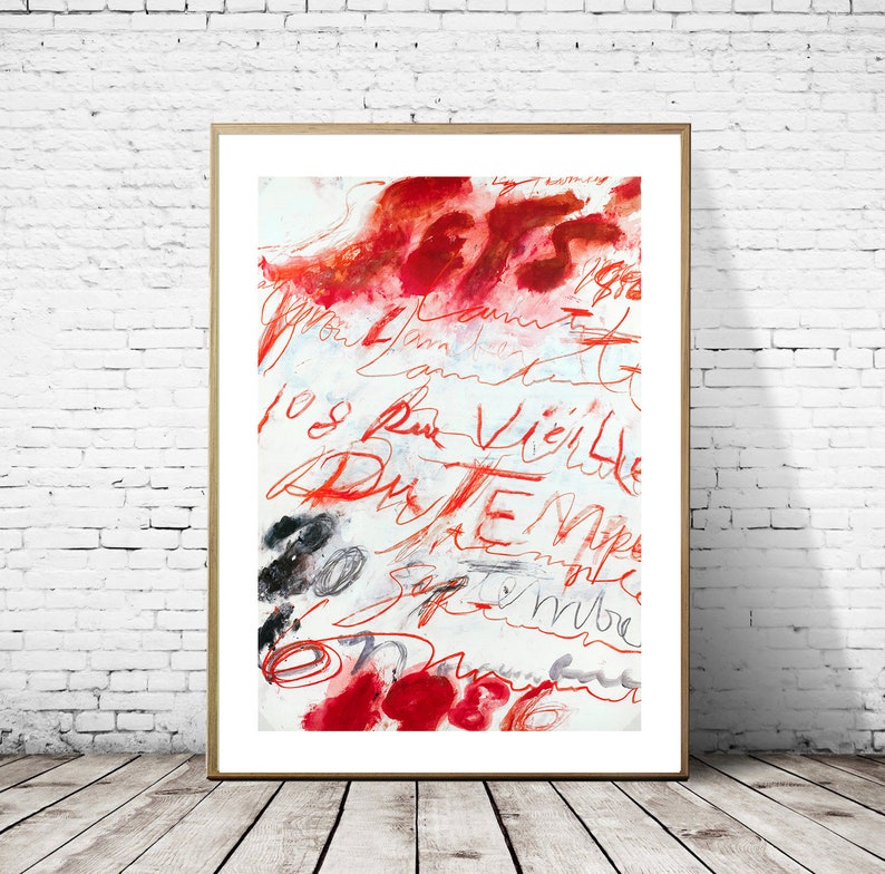May include: Abstract art print with red and black ink on a white background. The print features a variety of abstract shapes and lines, including the text "108 Rue Vieille Du Temple".
