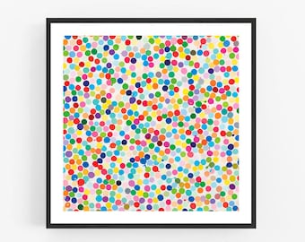 May include: A colorful abstract painting with a white background and a pattern of small, multi-colored circles.