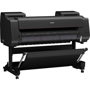 Peut inclure: Une grande imprimante Canon noire sur un support &agrave; roulettes. L'imprimante pr&eacute;sente une ligne d'accentuation rouge et le logo Canon. Le support comprend un r&eacute;cepteur de papier. L'imprimante est con&ccedil;ue pour l'impression grand format.