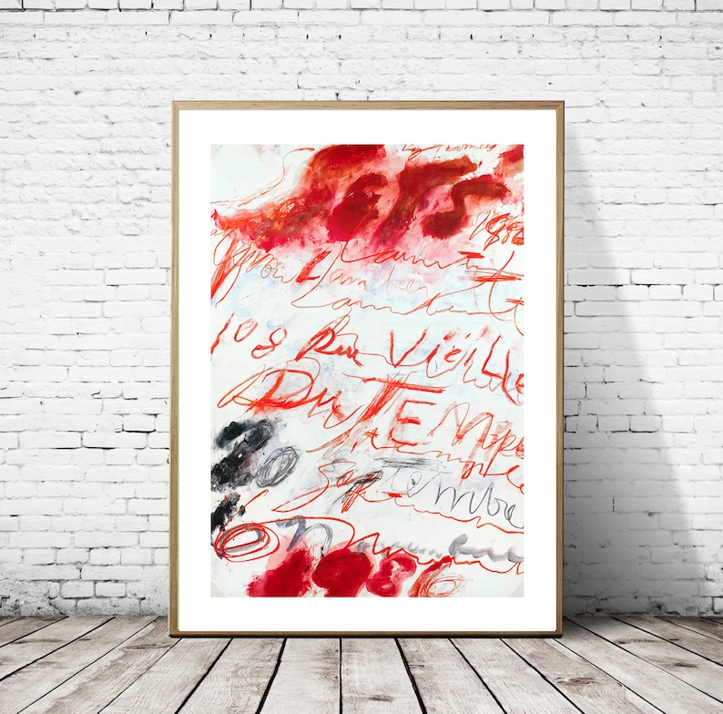 May include: Abstract art print with red and black paint strokes and handwritten text, including "108 Rue Vieille Du Temple".