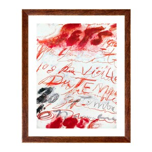May include: Abstract painting with red and white paint strokes and handwritten text in red ink. The text includes the words "108 Rue Vieille Du Temple" and "Art Expo".