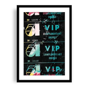 May include: A framed print with a black background, displaying the text "VIP COMPLIMENTARY DRINKS" multiple times. The number "54" is shown in a retro style with colourful accents. The print is encased in a black frame.