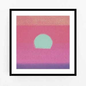 May include: Abstract art print featuring a large, light green circle on a pink and purple gradient background.
