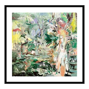 May include: An abstract oil painting in a black frame featuring thick, expressive brushstrokes in shades of forest green, lime, white, and soft peach. The composition includes a small red-roofed structure on the left amidst dense foliage.