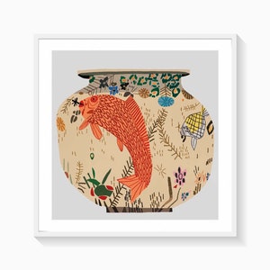 May include: A ceramic vase with a beige background and a colourful floral pattern. A red fish with black eyes is swimming inside the vase. The vase has a round shape and a wide opening.