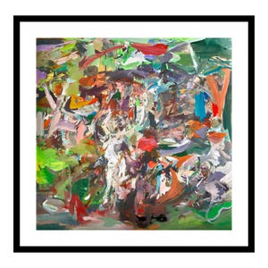May include: An abstract oil painting featuring a dense composition of thick, layered brushstrokes in vibrant shades of emerald green, bright lime, deep crimson, burnt orange, violet, and white, all enclosed within a simple black square frame.