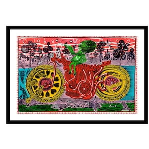 May include: Vibrant artwork showing a red motorcycle with yellow wheels and a green figure riding it. The background features a cityscape and the words "Global Warming". The image is framed in black.