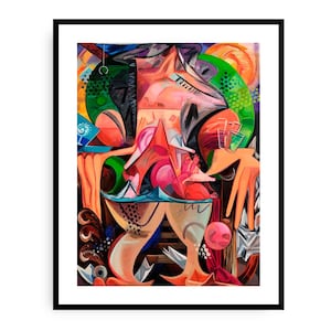 May include: Abstract painting with a colorful, geometric design. The painting features a variety of shapes and colors, including red, green, blue, and yellow. The painting is framed in a black frame.