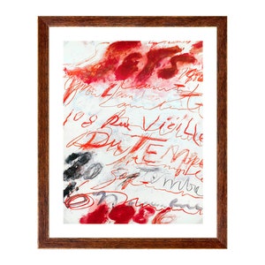 May include: Abstract painting with red and white paint strokes and handwritten text in red ink. The text includes the words "108 Rue Vieille Du Temple" and "Art Expo".