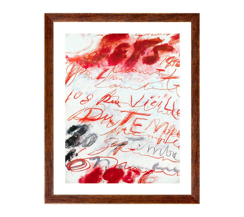 May include: Abstract painting with red and white paint strokes and handwritten text in red ink. The text includes the words "108 Rue Vieille Du Temple" and "Art Expo".