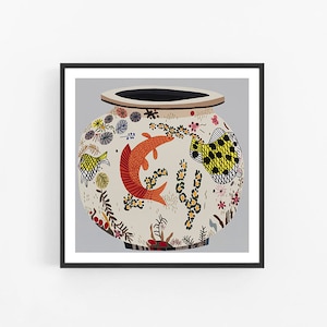 May include: A white ceramic vase with a round body and a wide mouth, decorated with a colorful floral pattern, two fish, and a black and yellow fish. The vase is on a gray background.