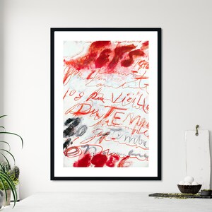 May include: Abstract art print with red and black brushstrokes and handwritten text in French, including "108 Rue Vieille Du Temple".