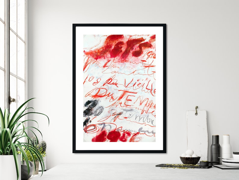 May include: Abstract art print with red and black brushstrokes and handwritten text in French, including "108 Rue Vieille Du Temple".