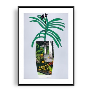 May include: A framed print of a stylized illustration of a green plant with black flowers in a vase. The vase is filled with a colorful floral arrangement.