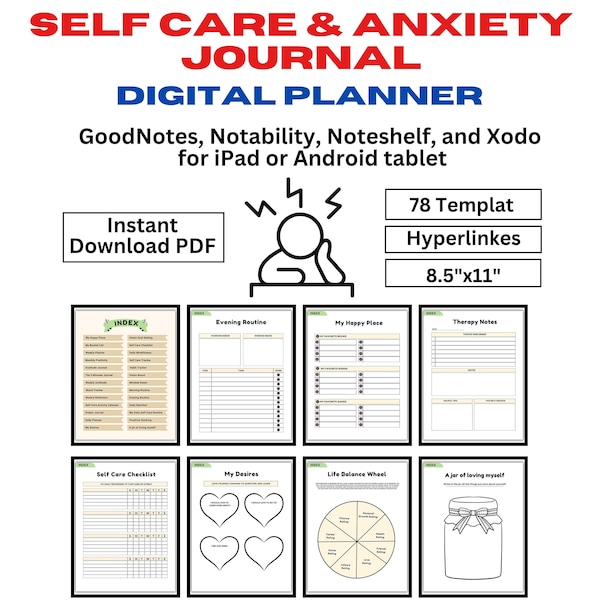 Digital Self Care Anxiety Journal, Mental Health Planner, Self Care Tracker, GoodNotes Planner, Notability, NoteShelf, Instant Download PDF