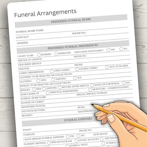 May include: A funeral arrangement form with checkboxes for various options, including cremation, open casket, and return after service. The form also includes sections for funeral home name, contact information, and funeral expenses.
