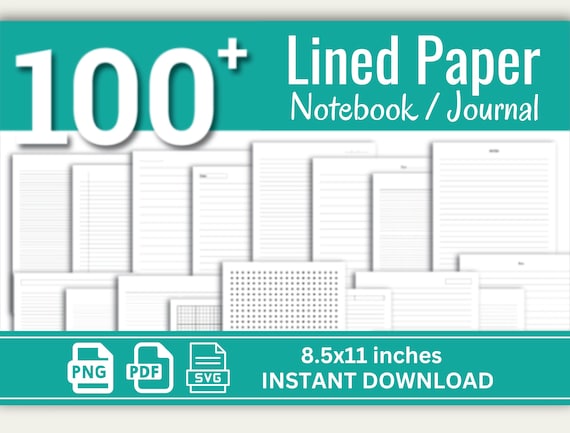 102 Pages Printable Lined Paper Bundle, Wide Rule, College Rule, Notebook Journal Lined, Commercial Use, Graphic paper, Instant Download PDF