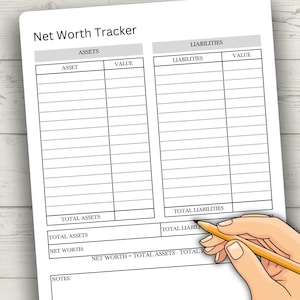 May include: A black and white printable net worth tracker with columns for assets, liabilities, and values. The tracker includes sections for total assets, total liabilities, and net worth. The text "NET WORTH = TOTAL ASSETS - TOTAL LIABILITIES" is included.