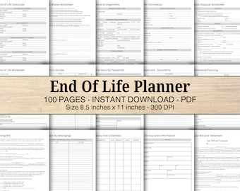 Planejador de fim de vida com 100 páginas, planejador funerário para impressão, organizador de emergência, diário de planejamento de vida, preparação de testamento, download instantâneo de PDF