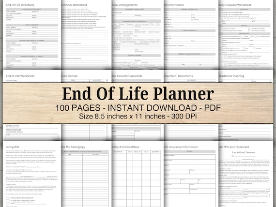 100 Pages End of Life Planner, Printable Funeral Planner, Emergency Organizer, Life Planner Journal, Will Preparation, Instant Download PDF