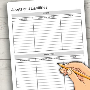 May include: A printable worksheet with a table for listing assets and liabilities. The table has columns for category, description, and value. The worksheet is designed to help people track their finances.