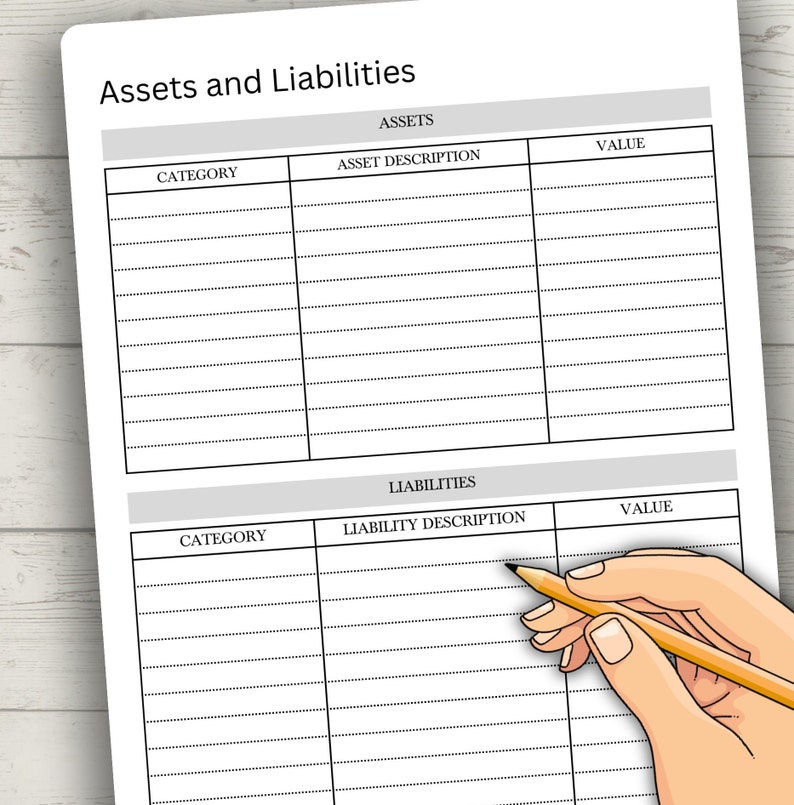 May include: A printable worksheet with a table for listing assets and liabilities. The table has columns for category, description, and value. The worksheet is designed to help people track their finances.