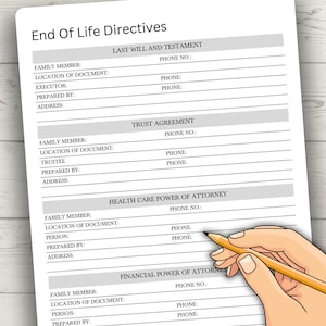 May include: A black and white form titled "End Of Life Directives" with sections for Last Will and Testament, Trust Agreement, Health Care Power of Attorney, and Financial Power of Attorney. Each section has fields for family member, location of document, executor, trustee, person, prepared by, and address, along with a phone number field.
