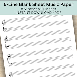 Carta per spartiti a 5 righe, Spartito vuoto stampabile, Carta per personale di pianoforte, Carta manoscritta, Grafica per carta musicale, Download istantaneo Pdf
