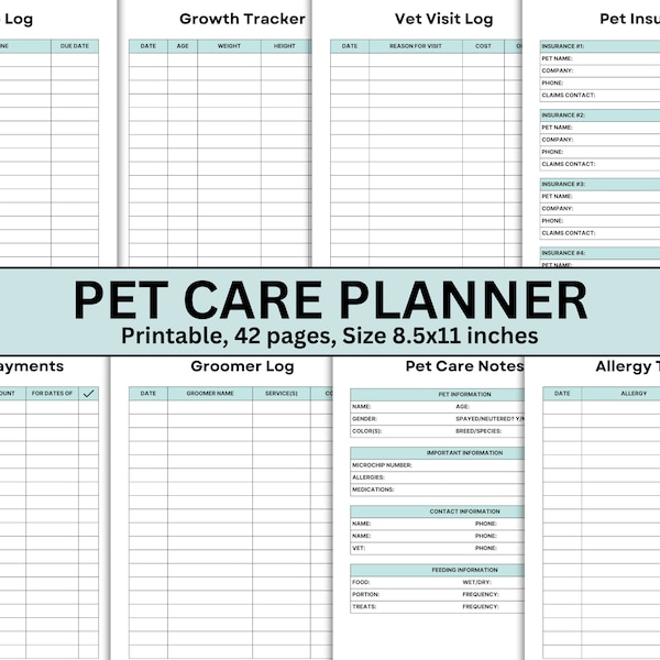 Printable Pet Planner Bundle, Pet Care Organizer, Pet Health Record, Wellness Tracker, Pet Information Binder, Vet Visit Log,Expense Log,PDF