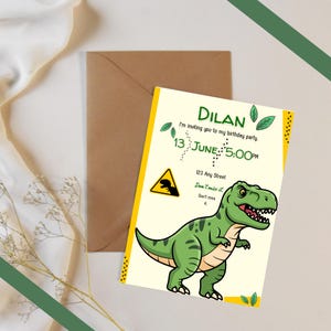 Dinosaurs, dinosaur-themed birthday invitation featuring footprints and green and yellow leaves, editable digital template.