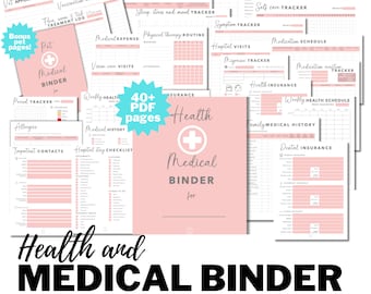 May include: A pink and white printable health and medical binder with over 40 pages. The binder includes trackers for medication, appointments, medical history, insurance, and more.