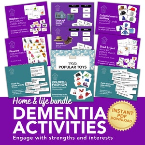 May include: A purple and white bundle of printable dementia activity cards. The cards feature images and words related to home and life, such as flowers, kitchen items, clothing, and 1950s toys. The bundle includes 12 different activities, each with a different theme. The text "Home & Life Bundle Dementia Activities Engage with strengths and interests" is printed on the front of the bundle.