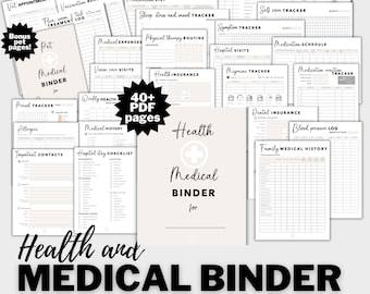 May include: A printable health and medical binder with over 40 pages of forms and trackers. The binder includes pages for medication schedules, appointment trackers, medical history, hospital stay checklists, and more. The pages are designed in a minimalist style with a beige background and black text.