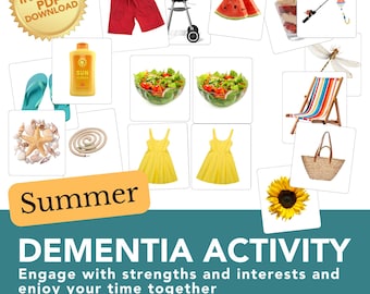 May include: A collection of summer-related images: red shorts, a barbecue, watermelon, salad, a yellow dress, a deckchair, a sunflower, and a straw bag. The words "Summer" and "Instant PDF Download" are also visible.