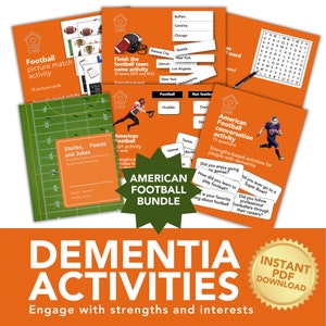 May include: A bundle of American football-themed activities for people with dementia. The bundle includes a football picture match activity, a football team name activity, a football conversation activity, and a football stories, poems, and jokes activity. The activities are strengths-based and designed to engage people with dementia.