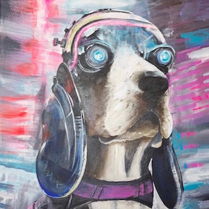 Cyberpunk Inspired Basset Hound Art Print 11 x 14 Inches, Futuristic Rendition, Dog Lovers, Cyborg Dog, Sci-Fi, Anime, Cartoon