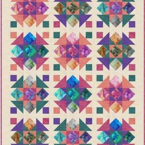 May include: A colorful quilt with a repeating geometric pattern. The design features squares, triangles, and diamonds in shades of pink, purple, teal, and orange, set against a cream background. The quilt has a pink border.