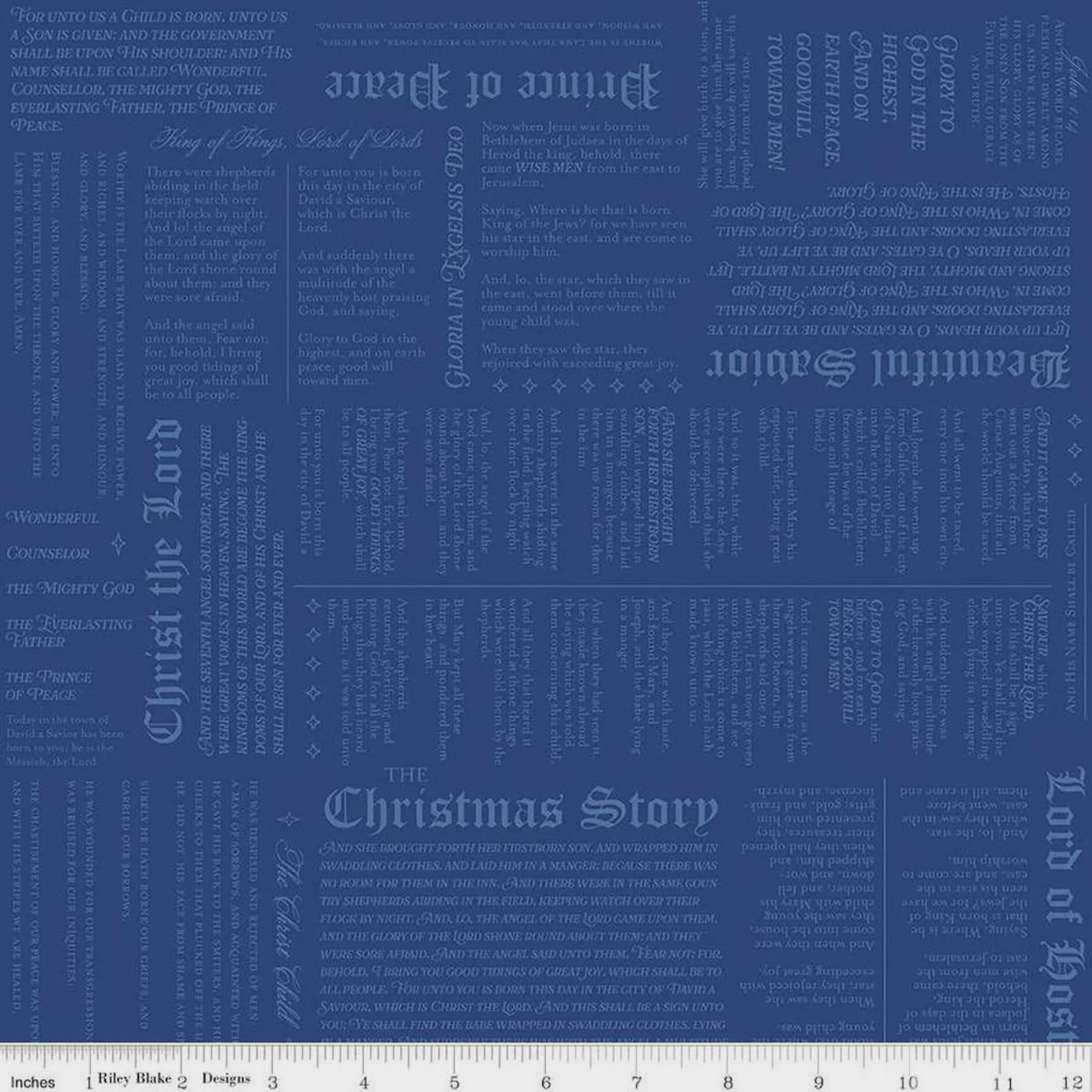 Christmas Wishes Christmas Story Blue C15047- Riley Blake Designs- Christmas Text- Holiday- Jesus- Nativity- Quilting Cotton Fabric