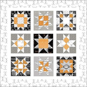 May include: Nine black and white fabric squares with orange accents. Each square features a different star-shaped pattern. The fabric squares are arranged in a 3x3 grid. The fabric squares are printed with text, including "POISON" and "Agents Wanted".