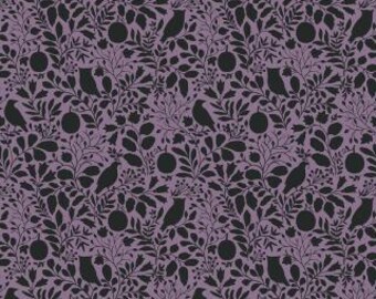 May include: A fabric print featuring a repeating pattern of black silhouettes of birds, round fruits, and leafy branches set against a muted purple background. A white ruler measuring 12 inches is visible along the bottom edge of the fabric.
