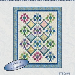 May include: A quilt pattern titled "Window Gazing" featuring a colorful patchwork design. The quilt showcases a repeating pattern of star and diamond shapes in shades of pink, blue, green, and yellow. The pattern is designed for 10-inch squares.
