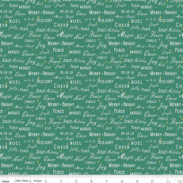 Holiday Cheer Text Green C13613- Riley Blake Designs- Christmas Theme Texts- Words- Stars- Quilting Cotton Fabric