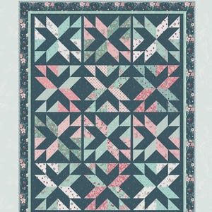 May include: A quilt pattern titled "Stacking Stars" featuring a star design in shades of teal, pink, and floral patterns on a dark teal background. The quilt size is 65" x 82". The pattern is by Beverly McCullough, Flamingo Toes.