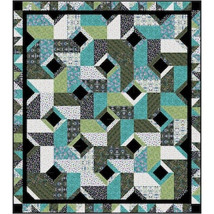 May include: A geometric quilt with a black border. The quilt features a repeating pattern of teal, green, black, and white shapes. The design includes diamond shapes and various patterned fabrics, creating a visually complex and colorful textile.