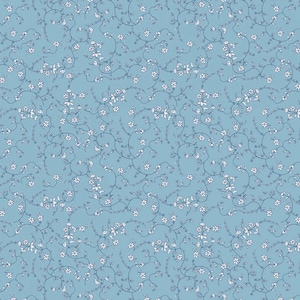May include: A seamless pattern featuring delicate white flowers and vines on a light blue background.
