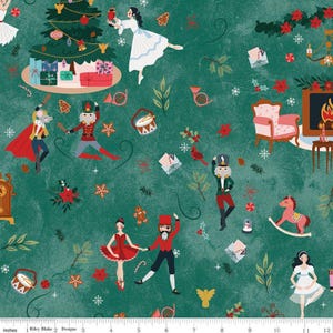 May include: A teal fabric with a Christmas-themed pattern. The design features illustrations of a Christmas tree, nutcrackers, ballerinas, and other festive elements. The fabric has a textured appearance and is suitable for holiday crafts.