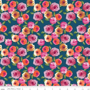 Poppies & Plumes Floral Oxford- C14291-Riley Blake Designs- Blooms- Flowers- Navy- Quilting Cotton Fabric